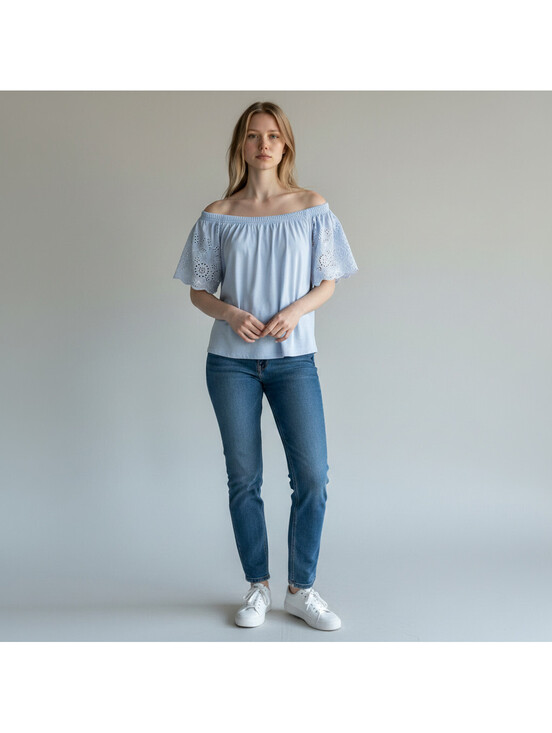 H&M Tops - H&M Blouse Women XS Blue Embroidered Short Sleeve Cotton Casual Pullover Solid